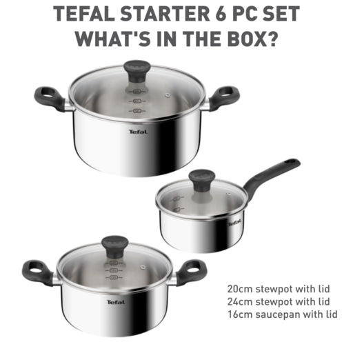 Tefal Starter 6pcs Set (SP16cm + STW20cm + STW24cm w/lid )