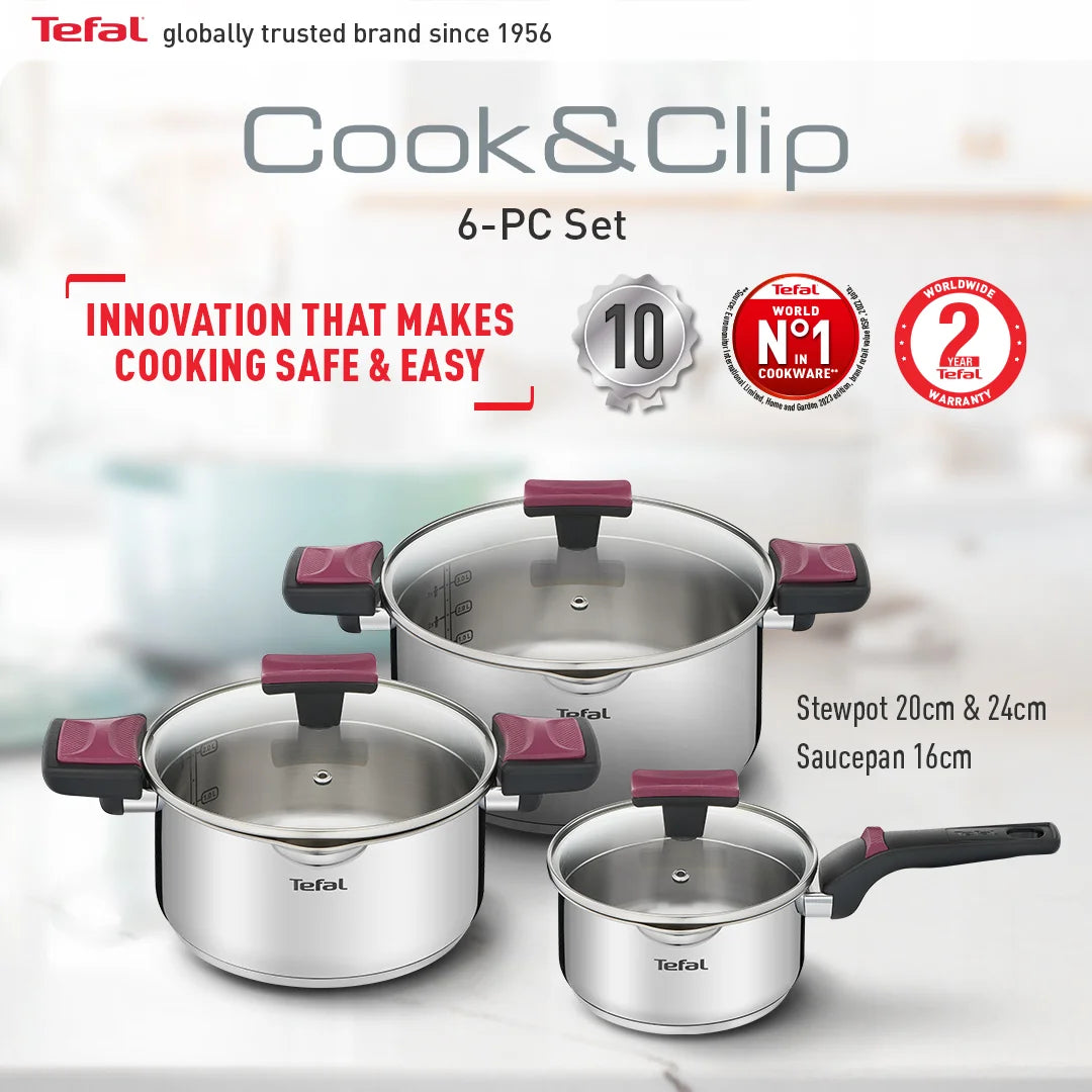 Tefal Cook & Clip 6-Piece Set (SCP16/w lid + STW20/w lid + STW24/w lid)