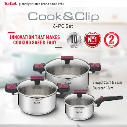 Tefal Cook & Clip 6-Piece Set (SCP16/w lid + STW20/w lid + STW24/w lid)