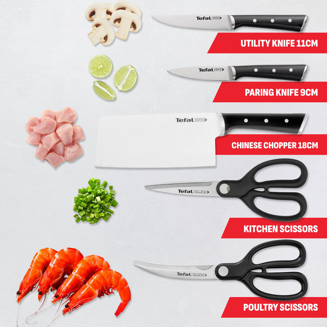 Tefal Ice Force 5 Pc Set (Chef + Utility + Paring + Scissors + Block)
