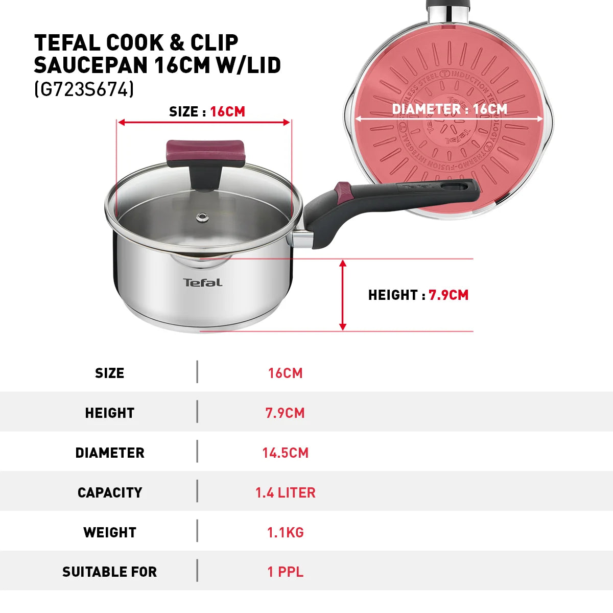 Tefal Cook & Clip 6-Piece Set (SCP16/w lid + STW20/w lid + STW24/w lid)