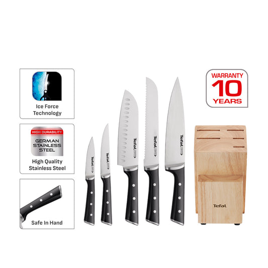 Tefal Ice Force 6 Pc Sst (Chef + Bread + Santoku + Utility + Paring + Block)
