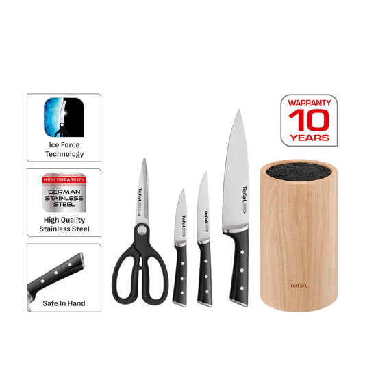 Tefal Ice Force 5 Pc Set (Chef + Utility + Paring + Scissors + Block)
