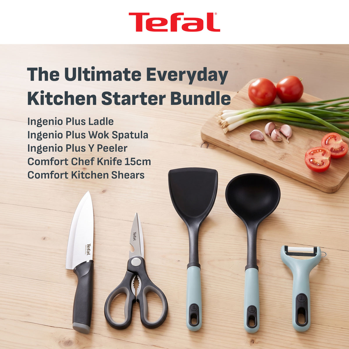[NEW] Tefal Kitchenware 5pc Set - Ingenio Plus Y Peeler + Ladle + Wok Spatula + Kitchen Shears + Chef Knife 15cm
