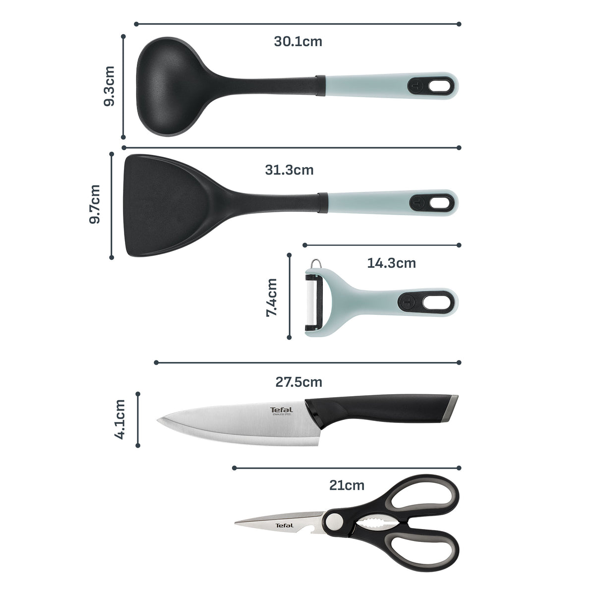 [NEW] Tefal Kitchenware 5pc Set - Ingenio Plus Y Peeler + Ladle + Wok Spatula + Kitchen Shears + Chef Knife 15cm