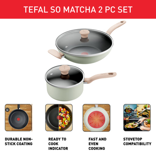Tefal So Matcha Non-Stick Cookware Set – 4-Piece Set with Lids